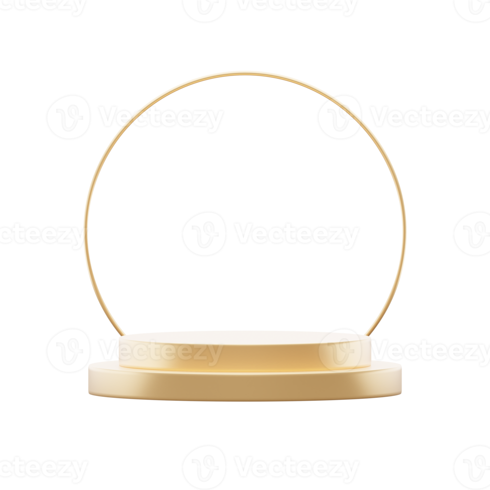 3D leere goldene Podiumsständeranzeige. minimalistische Sockel- oder Vitrinenszene für vorhandenes Produkt und Attrappe png