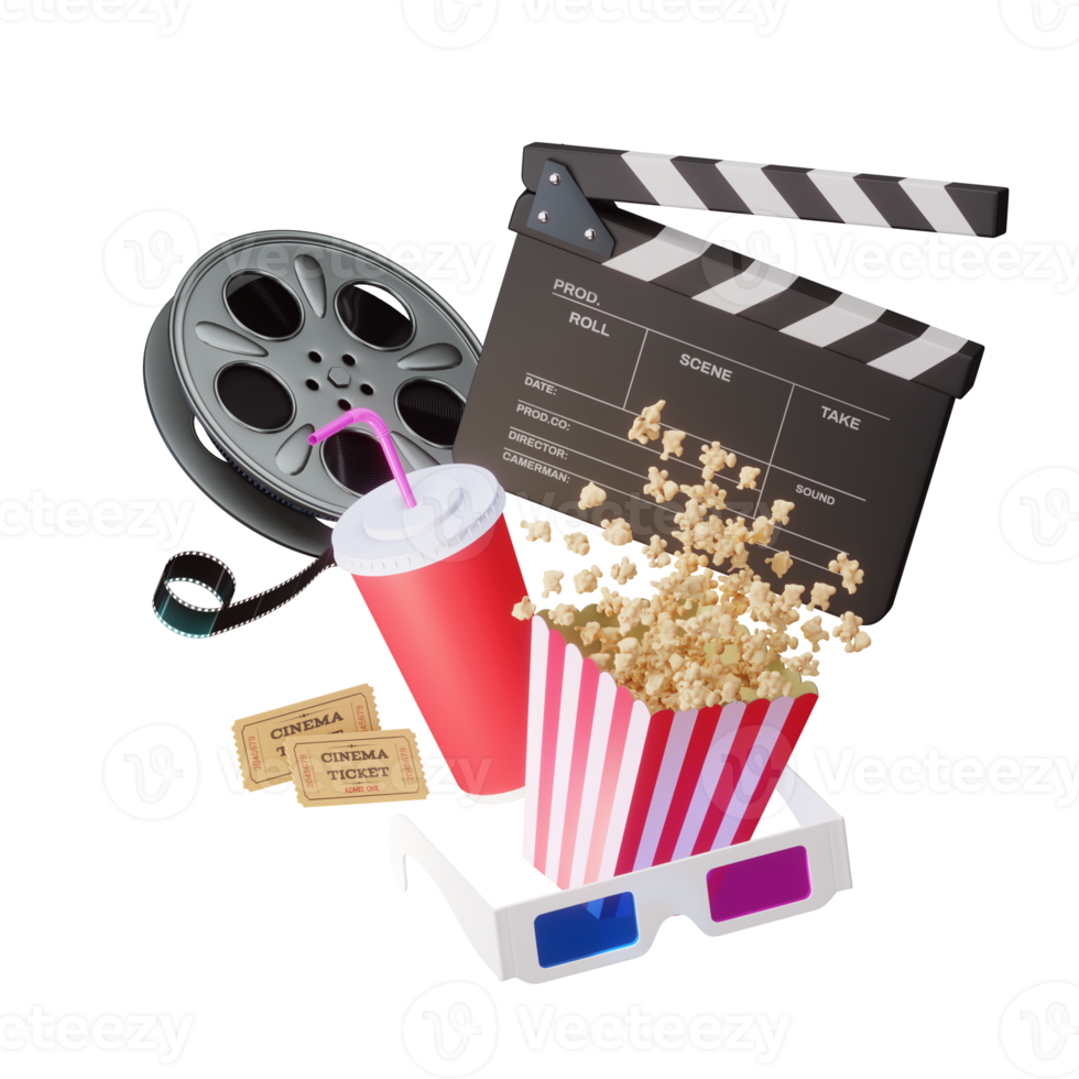 Online-Kinokunstfilme mit Popcorn- und Filmstreifen-Kinematographenkonzept. png