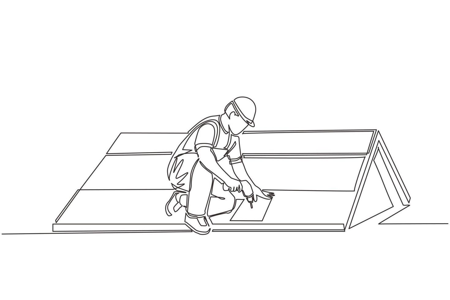 Single continuous line drawing roofer installing wooden or bitumen shingle. Roofer man fixing house roof with electric screwdriver. Repairman worker repair occupation. One line graphic design vector