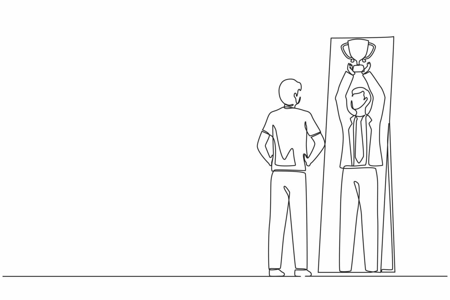 Continuous one line drawing businessman looking himself happy and successful in mirror reflection with lifting up trophy cup. Success in business and winner. Single line draw design vector graphic