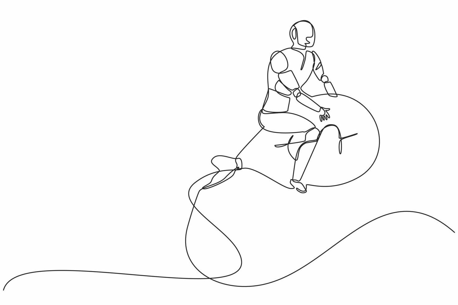 Single continuous line drawing robots riding big money bag rockets. Modern robotics artificial intelligence technology. Electronic technology industry. One line draw graphic design vector illustration