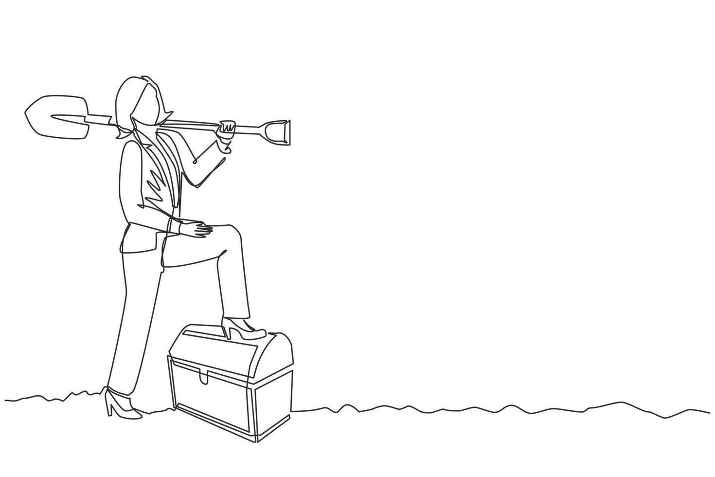 Single continuous line drawing businesswoman digging ground with shovel and finding treasure chest. Success business, achievement, and discovery concept. Dynamic one line draw graphic design vector