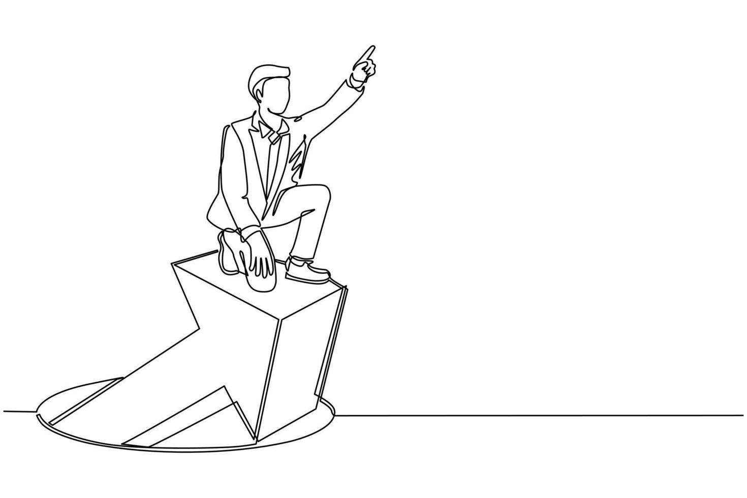 Single one line drawing businessman standing on arrows coming out of holes. Man leading financial graph rising from hole. Business growth concept. Modern continuous line draw design graphic vector