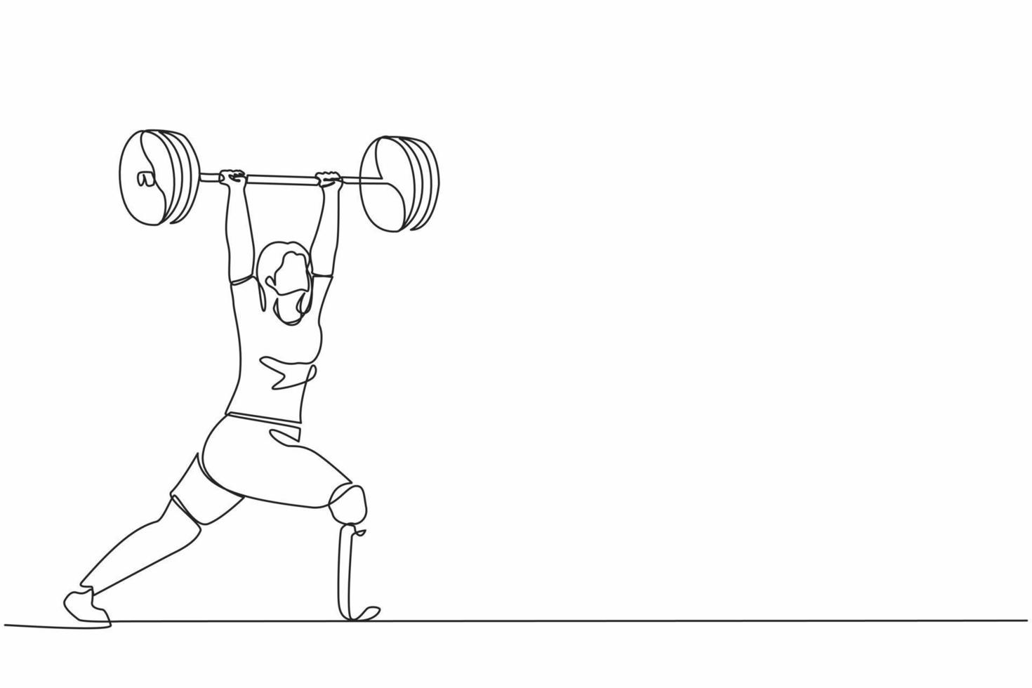 Single one line drawing disability young female powerlifter lifting barbell. Disabled sportswoman workout. Professional weightlifting exercise. Continuous line draw design graphic vector illustration