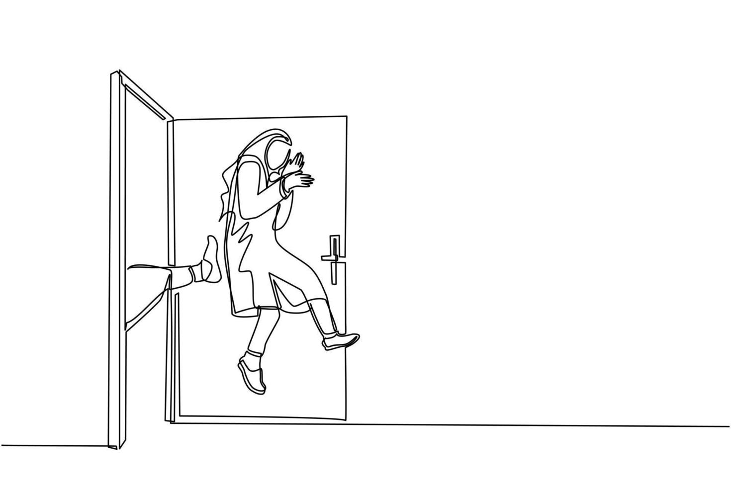 Single continuous line drawing Arabian businesswoman get kicked out of door. Dismissed from her job. Unemployment business concept. Boss kicks unnecessary employee. One line draw graphic design vector