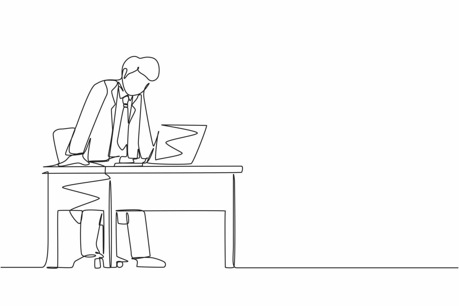 Single continuous line drawing frustrated and furious businessman shouting and screaming screen laptop on his working desk. Bad workspace emotions. One line draw graphic design vector illustration