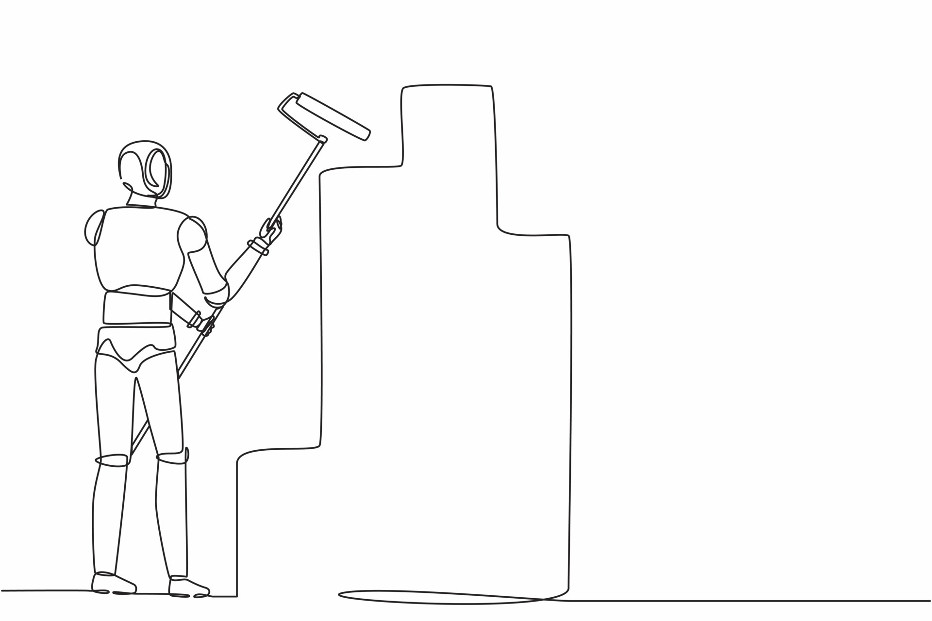 Continuous one line drawing robot painting wall with roller. Home