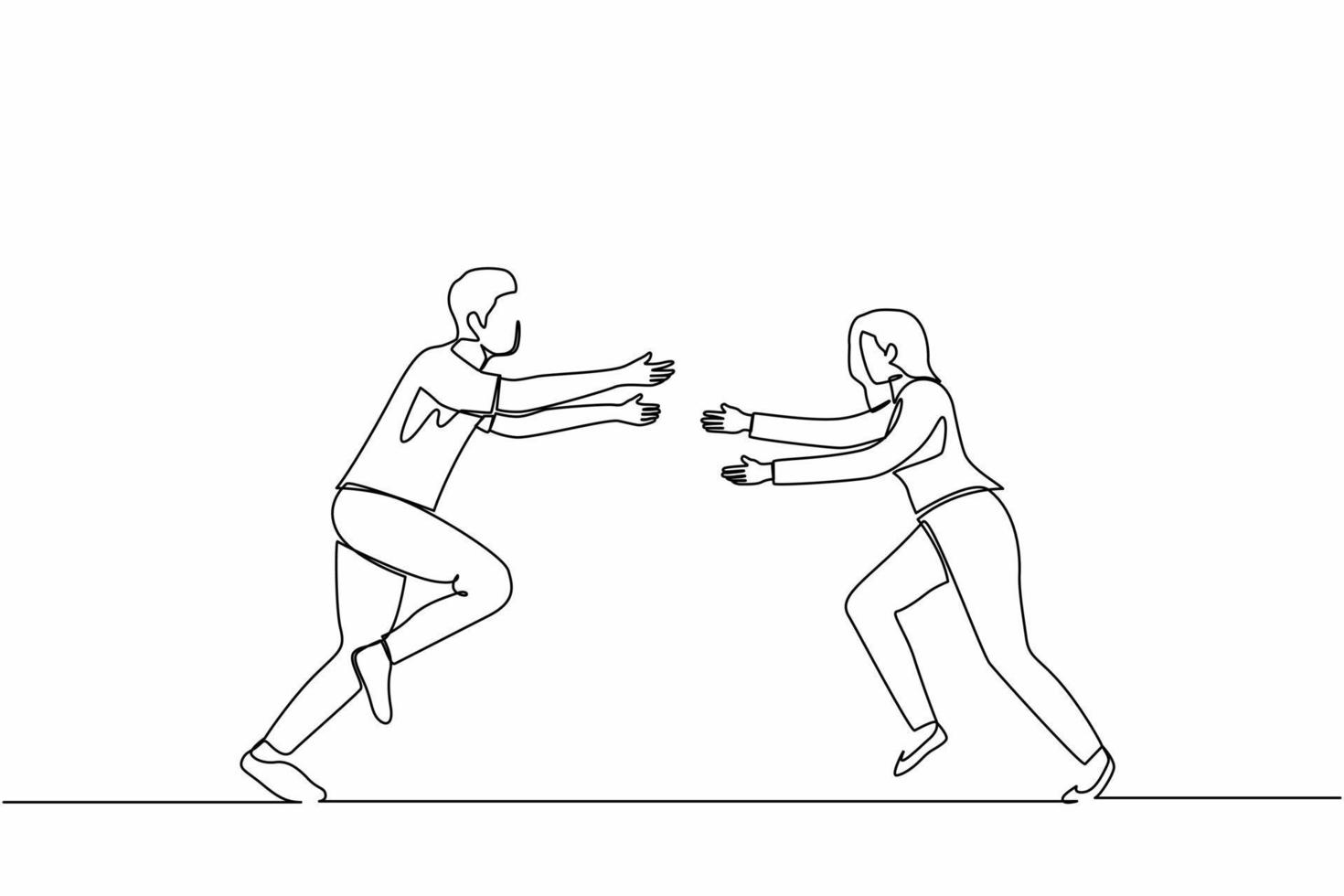 Continuous one line drawing happy man and woman run to meet each other. Female want to embrace male friend. Happy couple. Meeting of friends, love concept. Single line draw design vector illustration