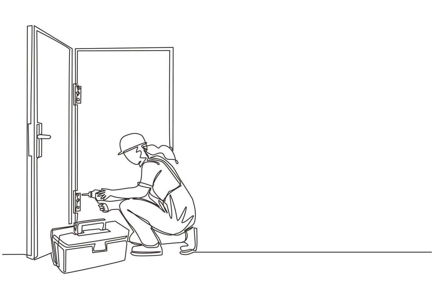 Single one line drawing door service. Repairwoman in the uniform with special equipment repair door element. Locksmith woman fix lock. Construction services. Continuous line draw design graphic vector