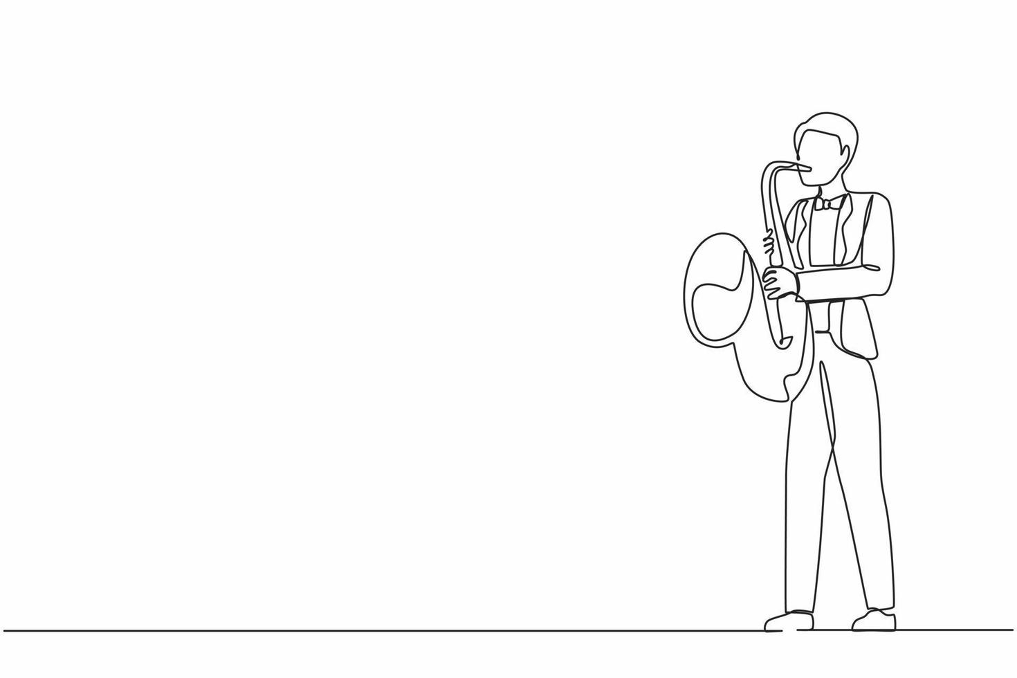 Single continuous line drawing saxophonist. Jazz or blues musician, man plays saxophone. Male performer in festival jazz music, jazz band performances. One line draw graphic design vector illustration