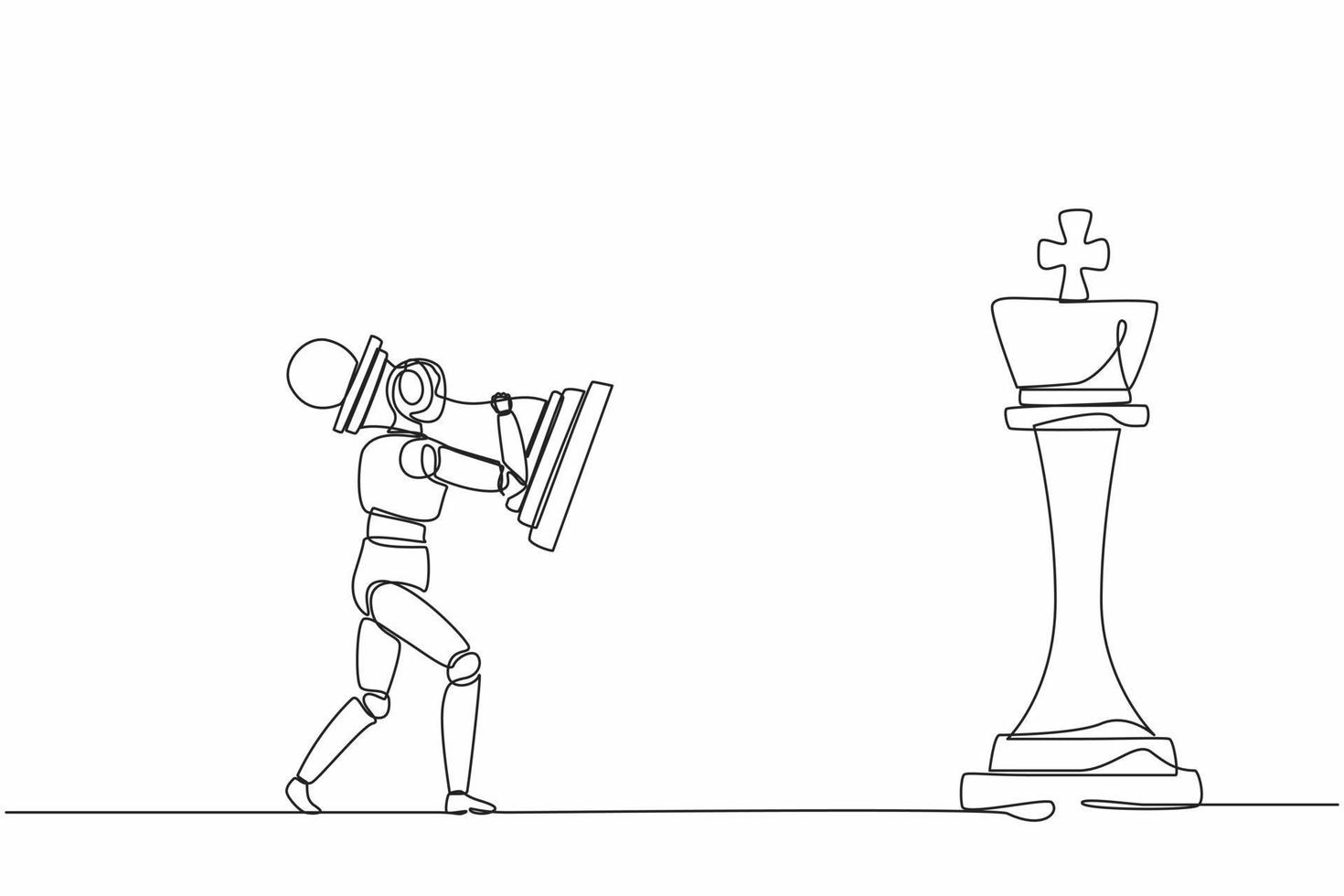 Single one line drawing robot holding pawn chess piece to beat king chess. Future technology development. Artificial intelligence machine learning process. Continuous line draw design graphic vector