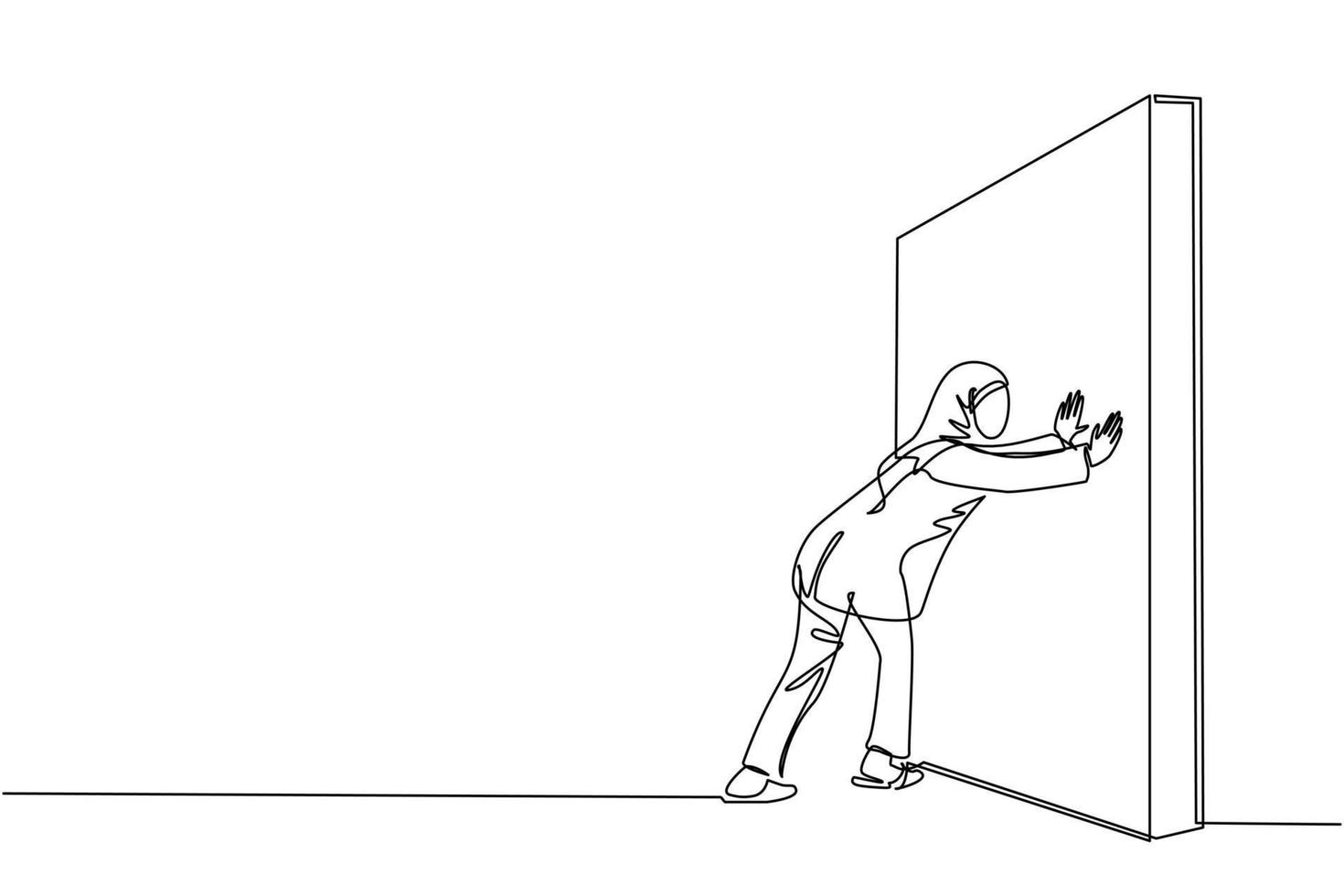 dibujo de una sola línea continua mujer de negocios árabe empujando la pared. carrera exitosa y lluvia de ideas, crecimiento profesional y solución de problemas, idea inteligente, desarrollo profesional. vector de diseño de dibujo de una línea