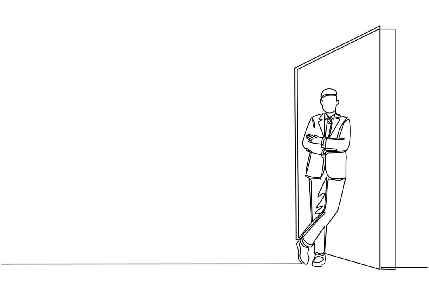 Single continuous line drawing young businessman standing and lean against wall, thinking something about new business company. Full length or body. One line draw graphic design vector illustration