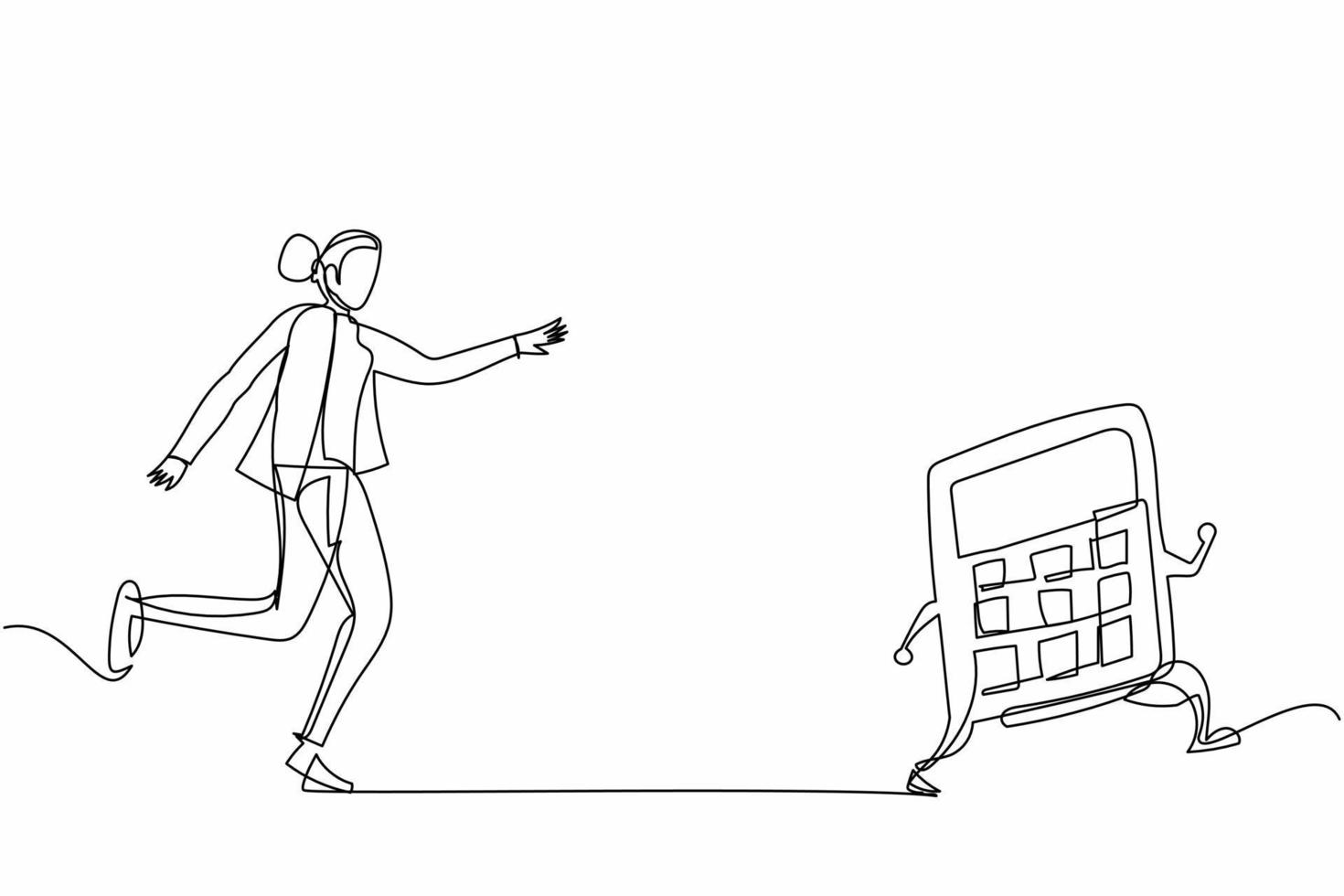 Continuous one line drawing businesswoman chasing calculator. Math operations, budget, analytics, data, income, finance. Calculations and economy. Single line draw design vector graphic illustration