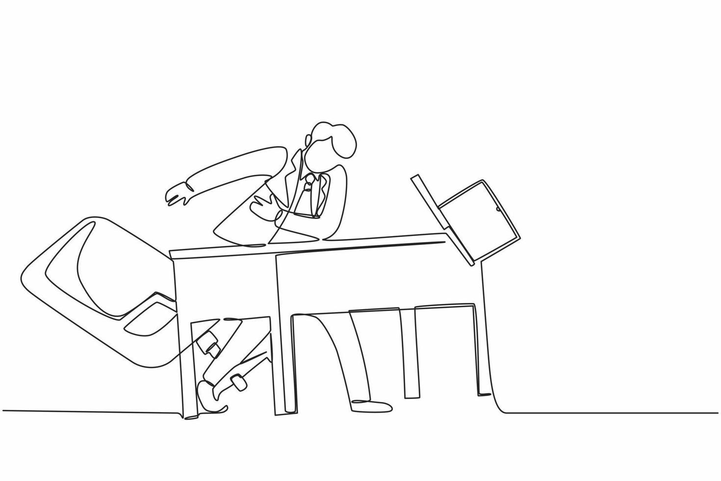 Single one line drawing frustrated and furious young businessman is angry and throwing laptop. Bad workplace emotions. Man manager stress at work. Continuous line design graphic vector illustration