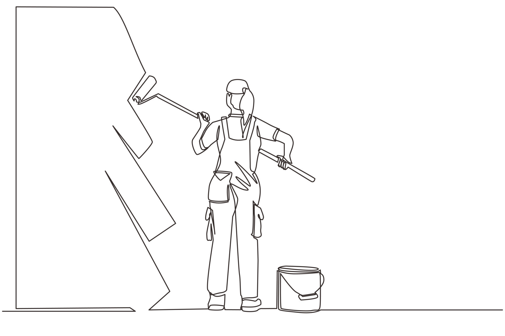 Single continuous line drawing painter decorator repairwoman people at work. Woman repair worker