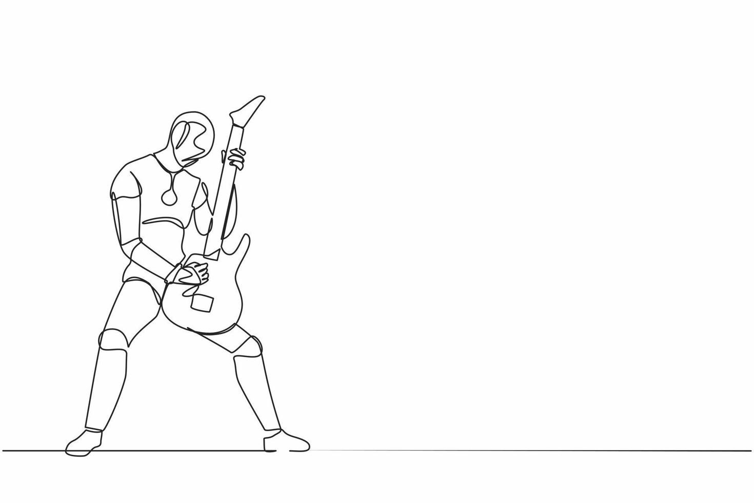 el guitarrista robot de dibujo continuo de una línea toca la guitarra eléctrica en el escenario. organismo cibernético robot humanoide. futuro desarrollo de robots. ilustración gráfica de vector de diseño de dibujo de una sola línea