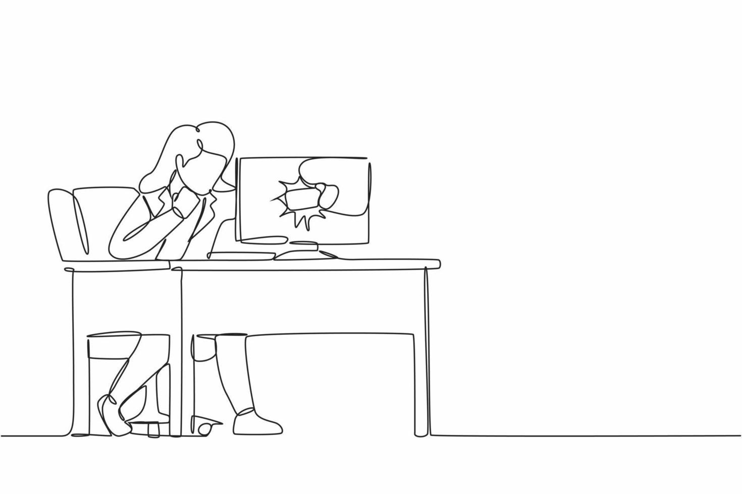 Single continuous line drawing angry businesswoman breaks her laptop