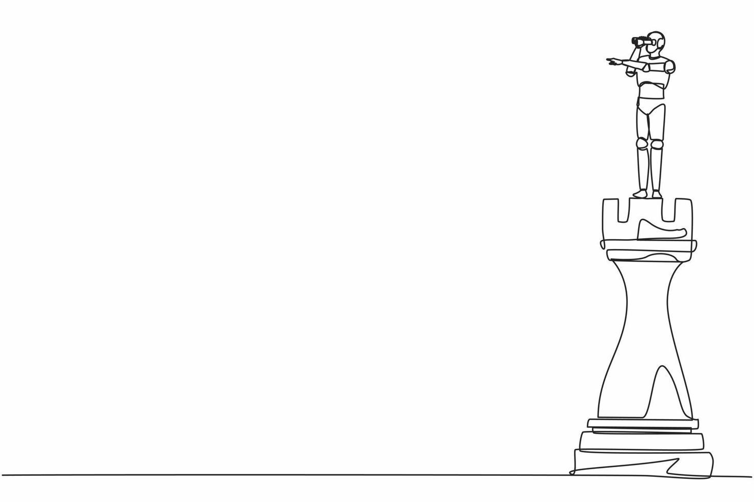 Single one line drawing robot on top of big rook chess piece using monocular. Future technology development. Artificial intelligence and machine learning process. Continuous line design graphic vector