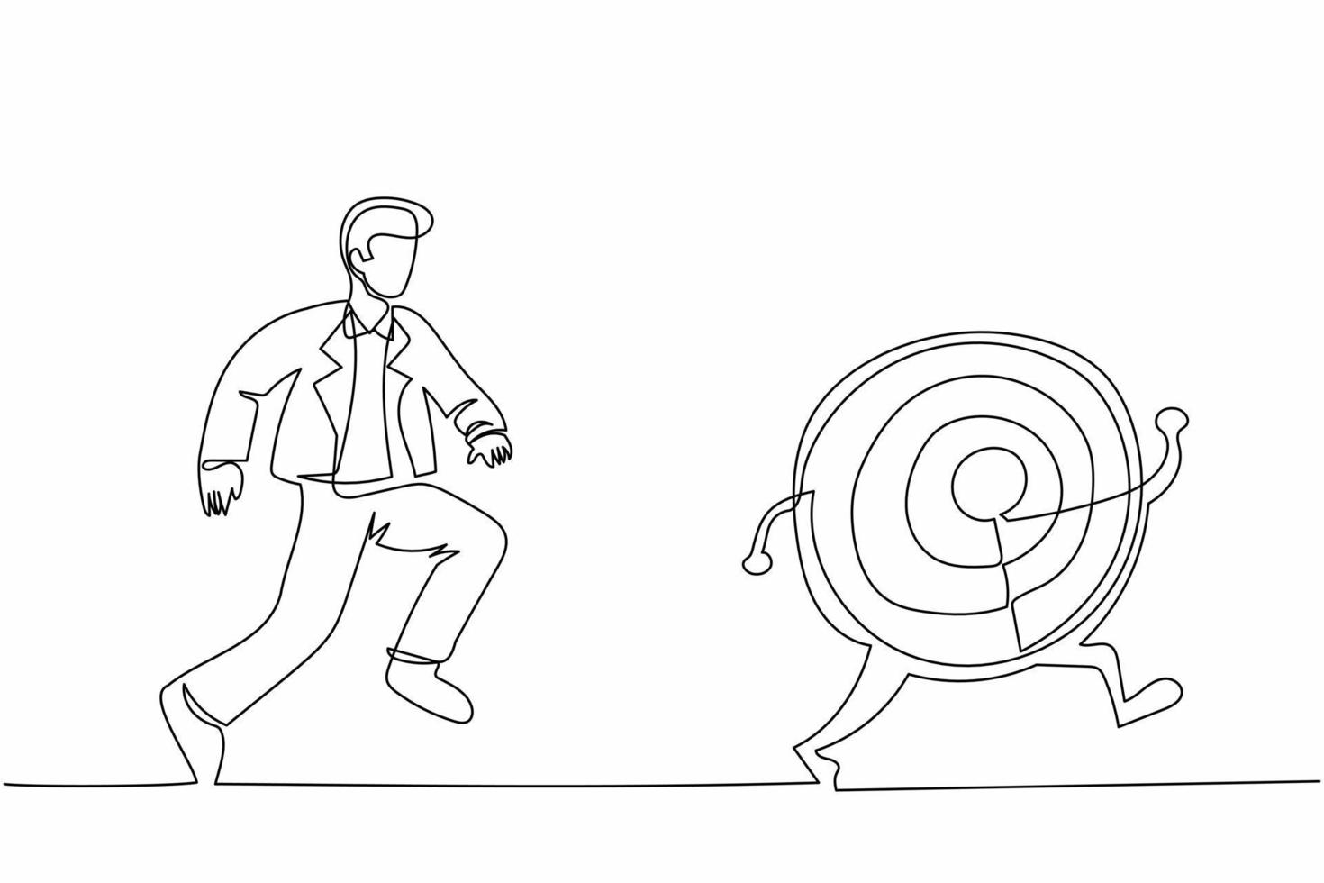 Continuous one line drawing businessman run chasing try to catch big dart target. Office worker running after his career goal. Business metaphor. Single line draw design vector graphic illustration