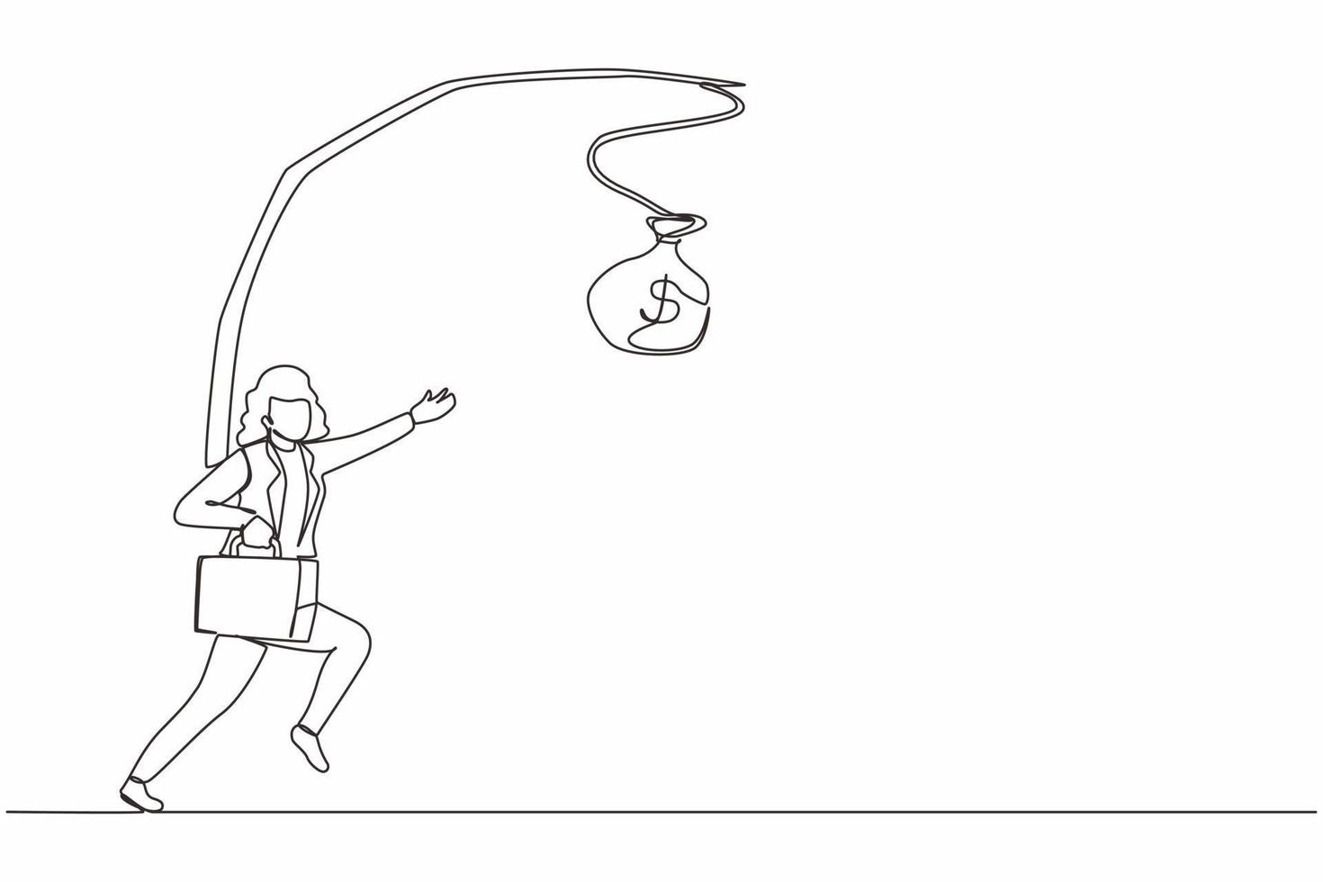 dibujo continuo de una línea mujer de negocios ajena persiguiendo una bolsa de dinero. la ilustración dibujo continuo de una línea mujer de negocios ajena persiguiendo una bolsa de dinero. la ilustración