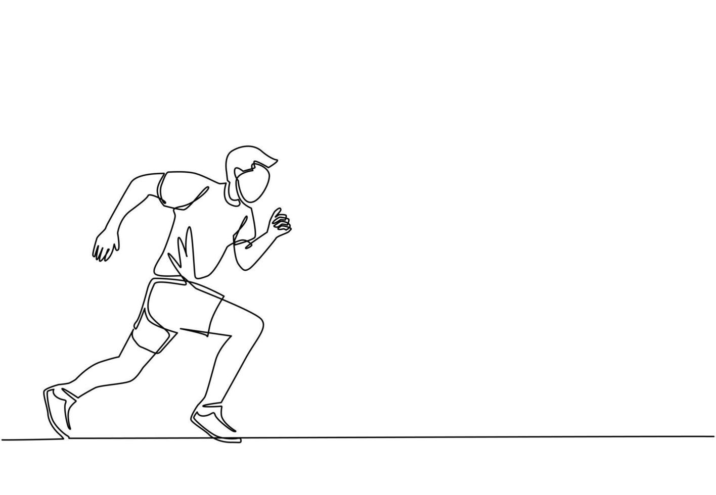 Single continuous line drawing young sporty man runner focus to run fast at track. Health activity sport concept. Running international tournament. One line draw design graphic vector illustration