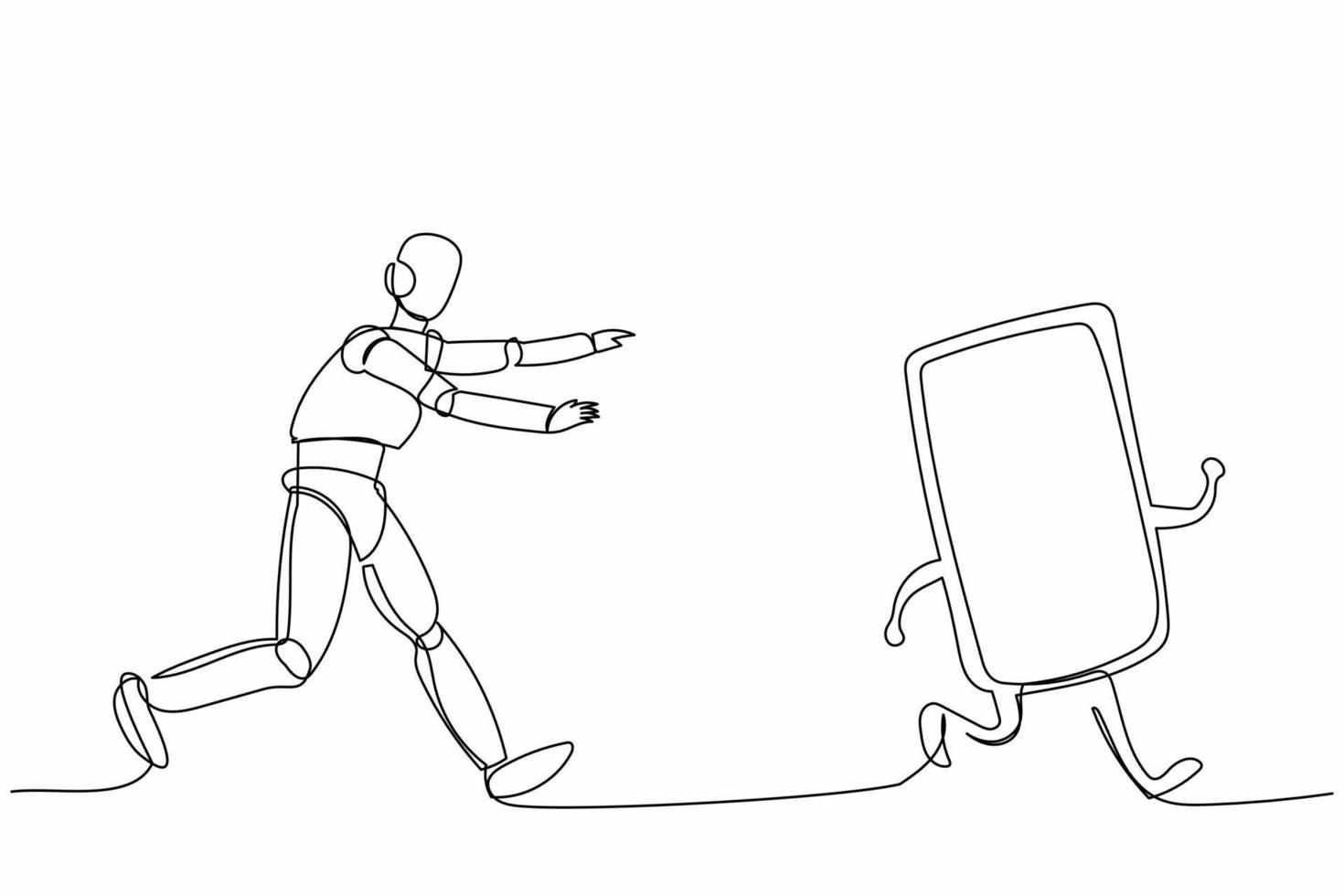 Single continuous line drawing robot run chasing smartphone. Communication revolution. Robotic artificial intelligence. Electronic technology industry one line draw graphic design vector illustration