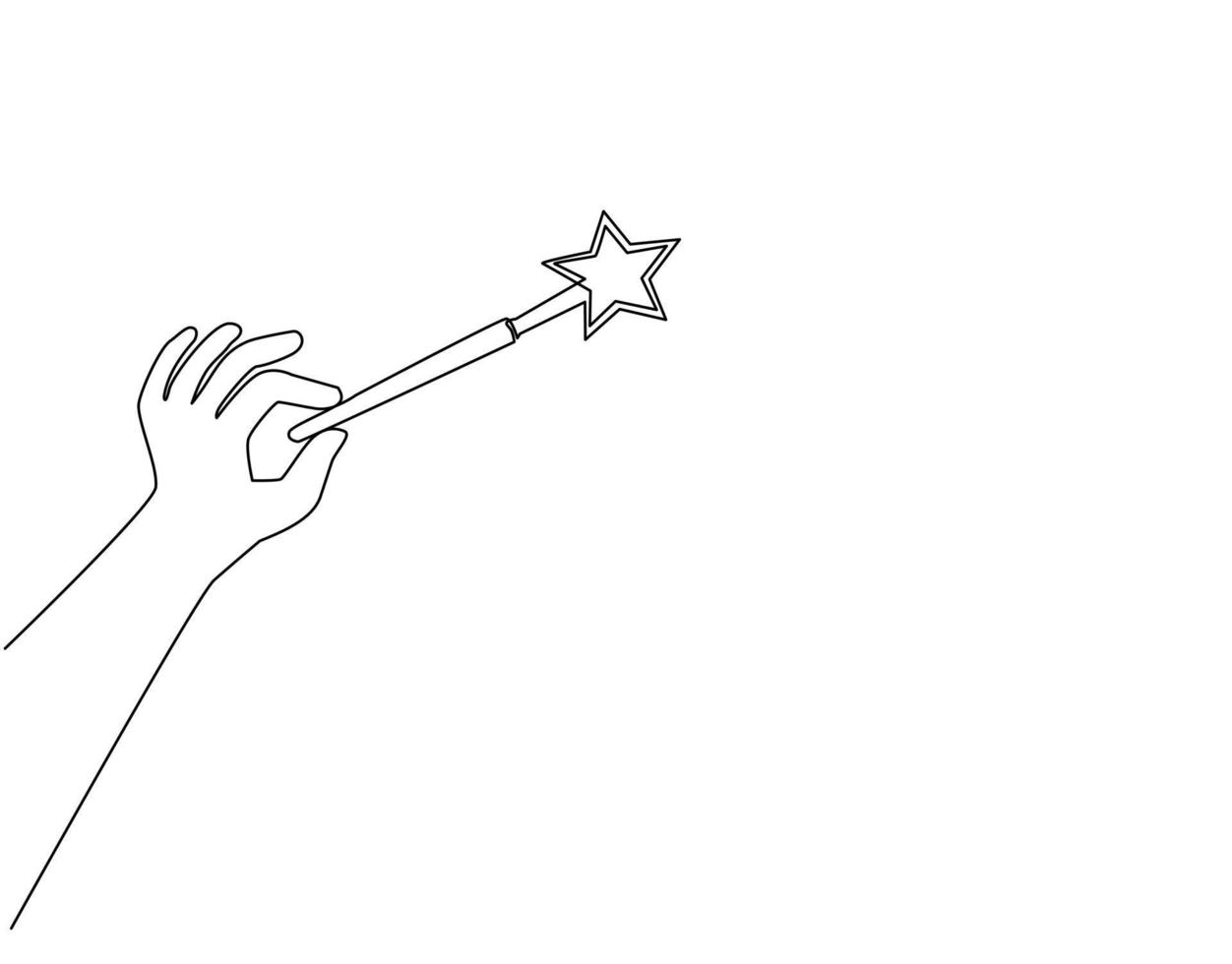 Single one line drawing hand holding magic wand. Decorative magic wand with magic trace. Star shape magic accessory. Magical girl cartoon power. Continuous line draw design graphic vector illustration