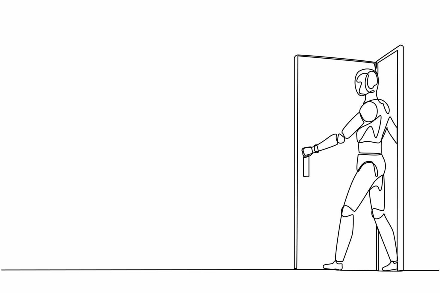 Single one line drawing robot walking out through an open door. Future technology development. Artificial intelligence and machine learning process. Continuous line design graphic vector illustration