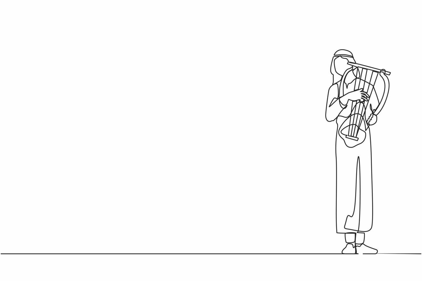Single one line drawing Arab male musician playing musical lyre. Classical music orchestra man artist with music instrument. Professional musician performs. Continuous line draw design graphic vector