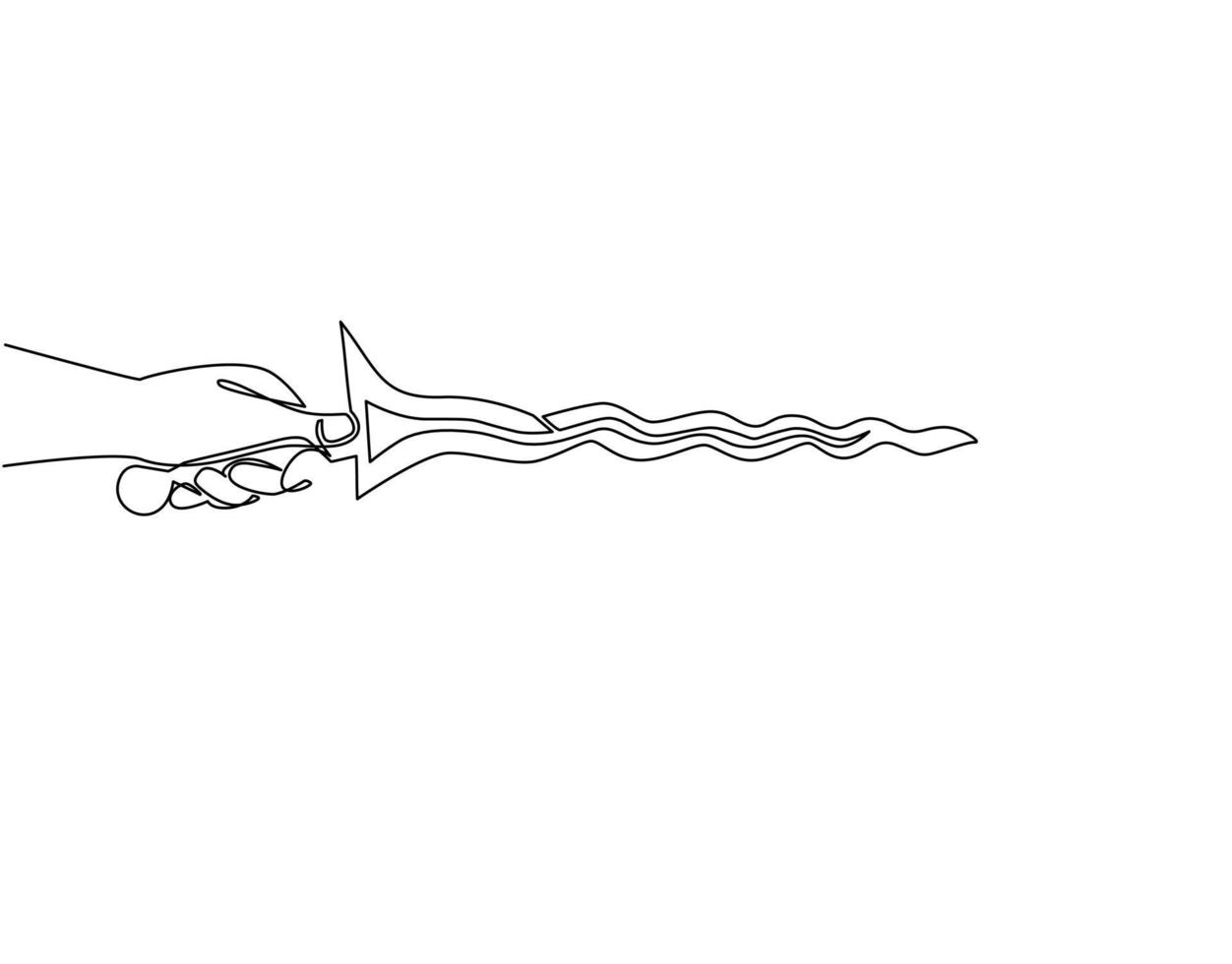 Single continuous line drawing hand holding keris traditional weapon from Indonesia. Javanese keris with its elaborately carved handle and wavy blade is unique. One line draw graphic design vector