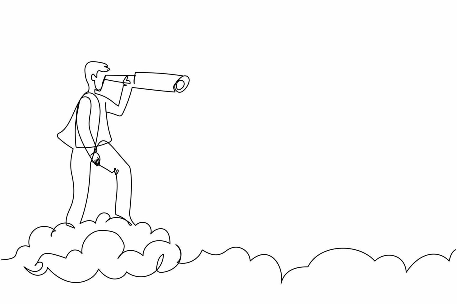 Continuous one line drawing businessman riding cloud holding telescope or binocular to search for business visionary. Leadership vision to see company strategy. Single line design vector illustration