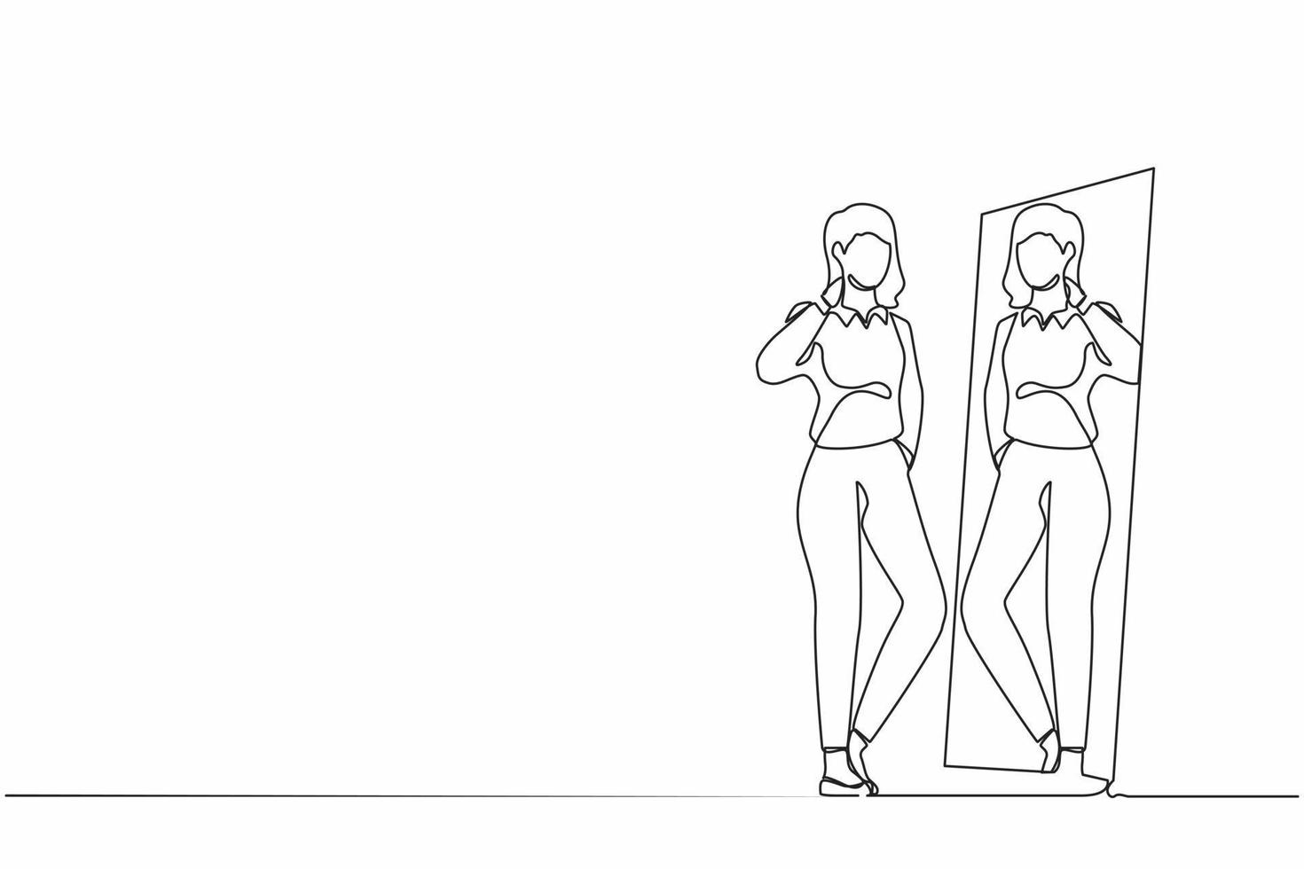 Single continuous line drawing businesswoman choosing blazer for business meeting. Woman trying on clothes at home. Girl with style. Mirror with female reflection. One line draw graphic design vector