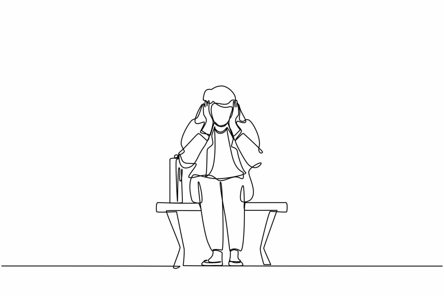 Single one line drawing sad businesswoman, depression. Lonely woman sitting on park bench. Young female character holding her head. Failure concept. Continuous line design graphic vector illustration