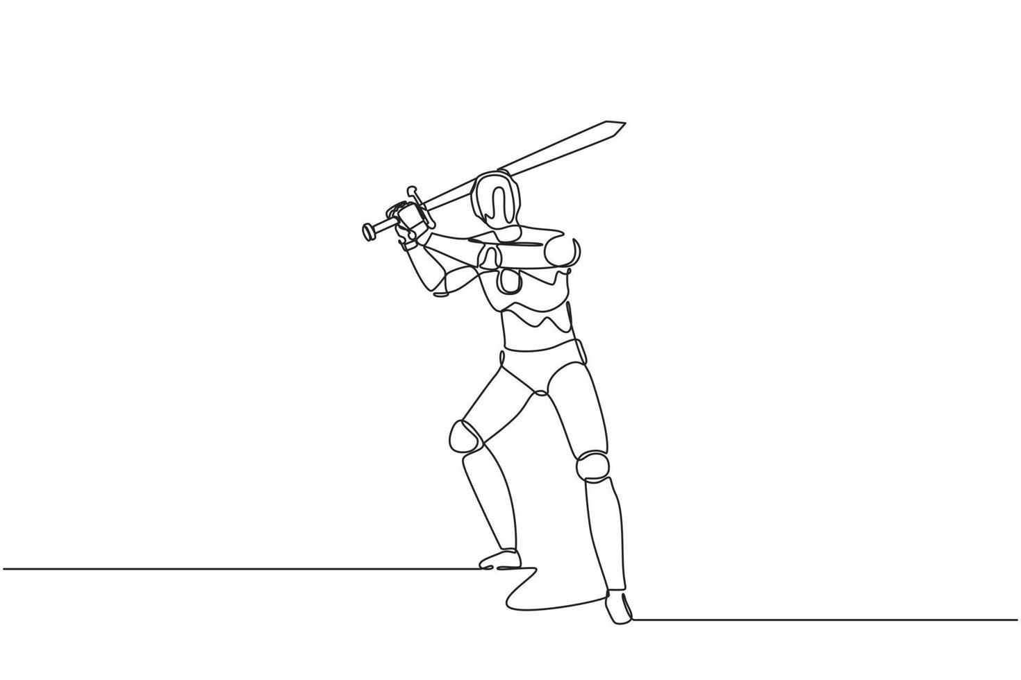 Continuous one line drawing robots standing and swinging big sword gesture. Humanoid robot cybernetic organism. Future robotics development concept. Single line draw design vector graphic illustration