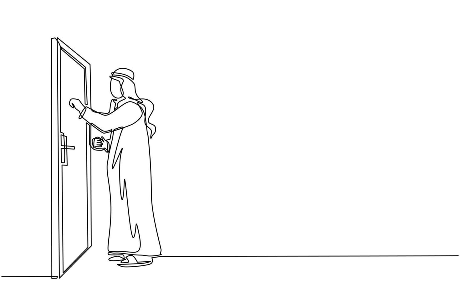Single continuous line drawing Arab businessman knocking at door. Man standing at entrance of room knocking door. Male in traditional clothes is knocking at door. One line draw graphic design vector
