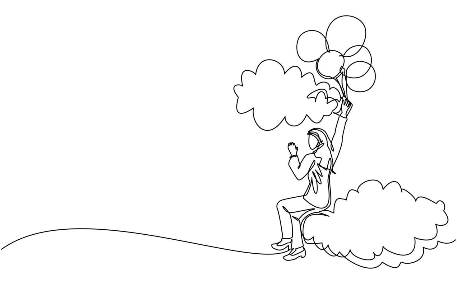 Single one line drawing Arabian businesswoman floating with balloon. Woman holding balloon flying through cloud. Worker reaches goal, target, finds solution. Continuous line draw design graphic vector