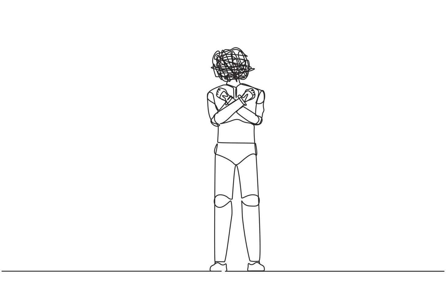 Continuous one line drawing robot with round scribbles instead of head. Fist clenched, arms crossed, feeling happy, positive. Robotic artificial intelligence. Single line design vector illustration
