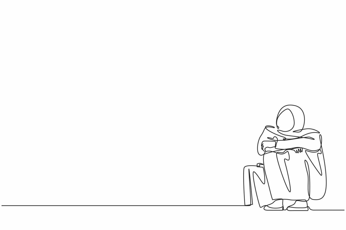 Continuous one line drawing depressed Arab businesswoman suffer emotion sadness melancholy stress with briefcase sitting in despair on floor. Worker sad gesture expression. Single line design vector