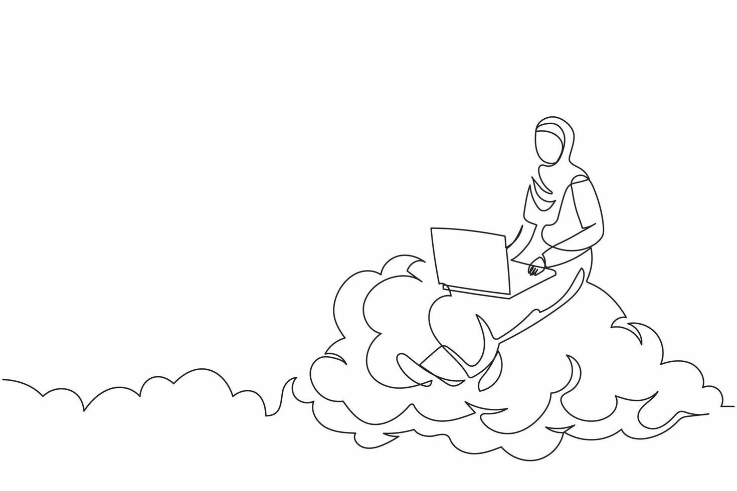 Continuous one line drawing Arabian businesswoman sitting on cloud with laptop computer. Wireless connection. Social networking using cloud storage. Single line draw design vector graphic illustration