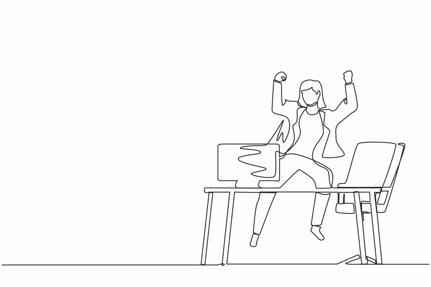 Continuous one line drawing happy businesswoman jump with raised hands on her workplace. Female manager celebrating success of increasing company product sales. Single line draw design vector graphic
