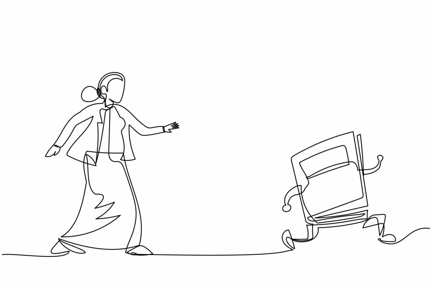Single continuous line drawing businesswoman run chasing try to catch text book. Worker being chased by work deadlines. Running out of time. Business metaphor. One line draw design vector illustration