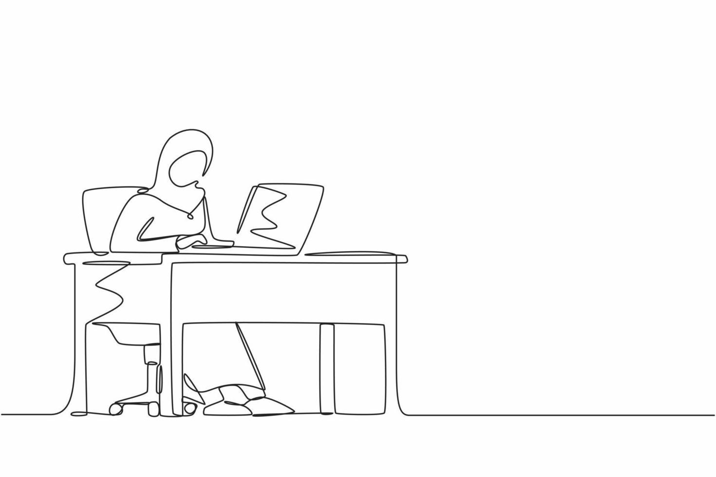 Single continuous line drawing Arab female works in office. Woman working, typing and sending messages. Work, table, computer. Workplace and communication concept. One line draw graphic design vector