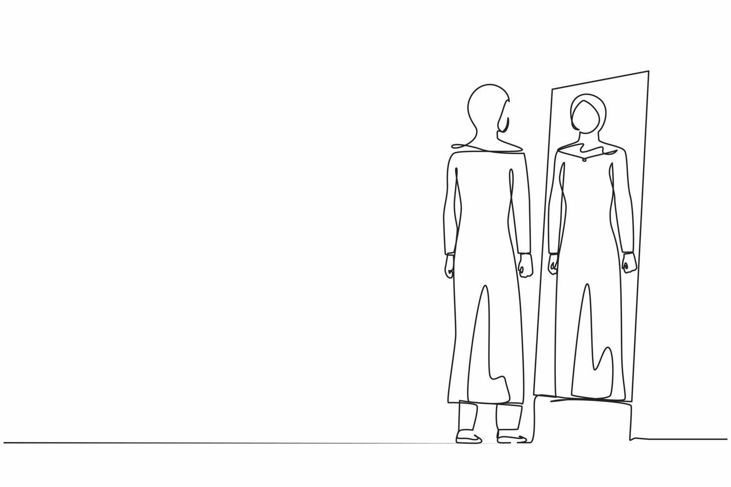 Continuous one line drawing Arab businesswoman looks herself in the mirror. Manager looking at her reflection in mirror and evaluating her attire. Single line draw design vector graphic illustration