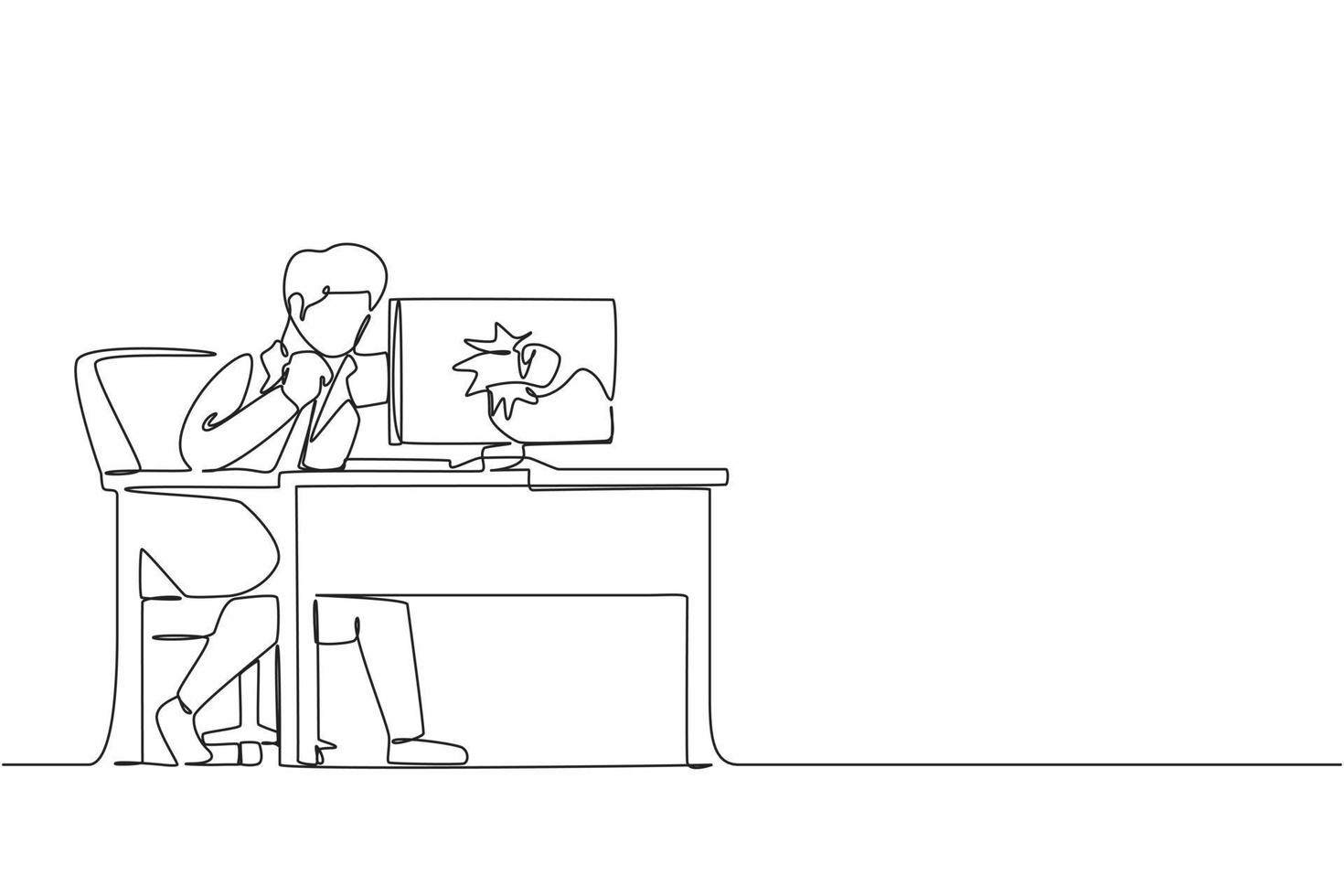 Continuous one line drawing angry businessman breaks his laptop computer hitting it with clenched fist sitting at desk. Frustrated man worker punching hole in pc screen. Single line draw design vector