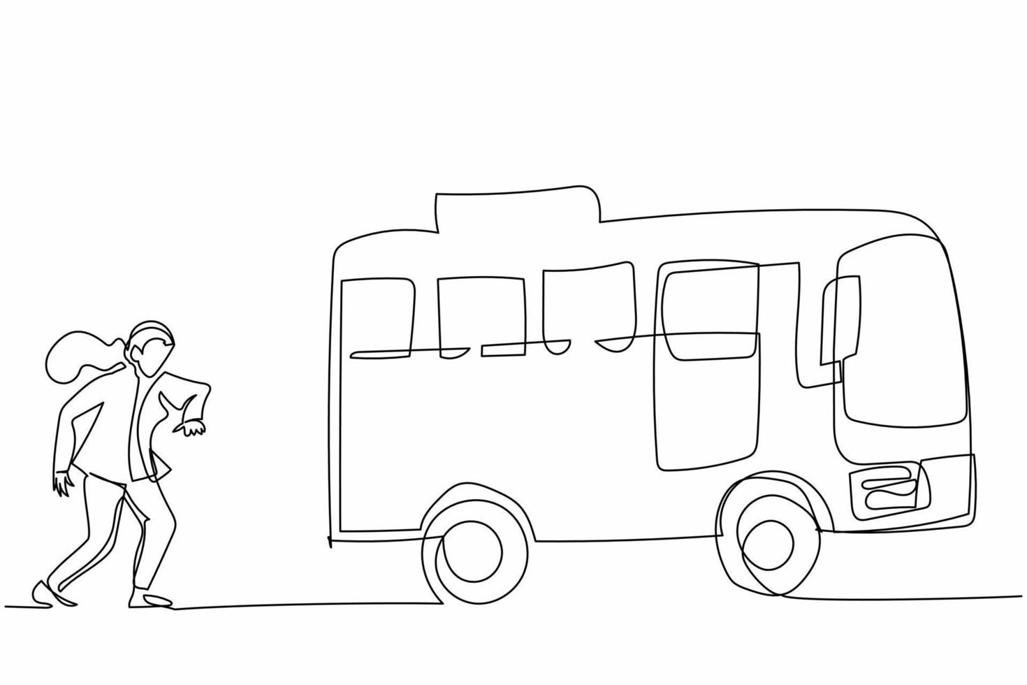 continuo dibujo de una línea empresaria correr persiguiendo tratar de tomar el autobús. Date prisa para conseguir transporte, vehículo público de pasajeros. metáfora empresarial. ilustración gráfica de vector de diseño de línea única