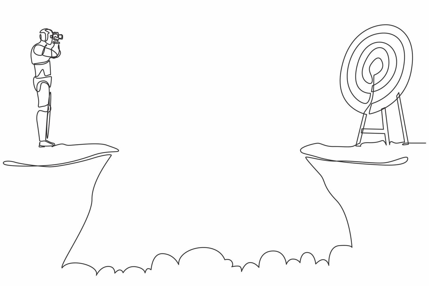 Continuous one line drawing robot standing on cliff with binoculars in hand. Business target goals. Humanoid robot cybernetic organism. Future robotic. Single line graphic design vector illustration