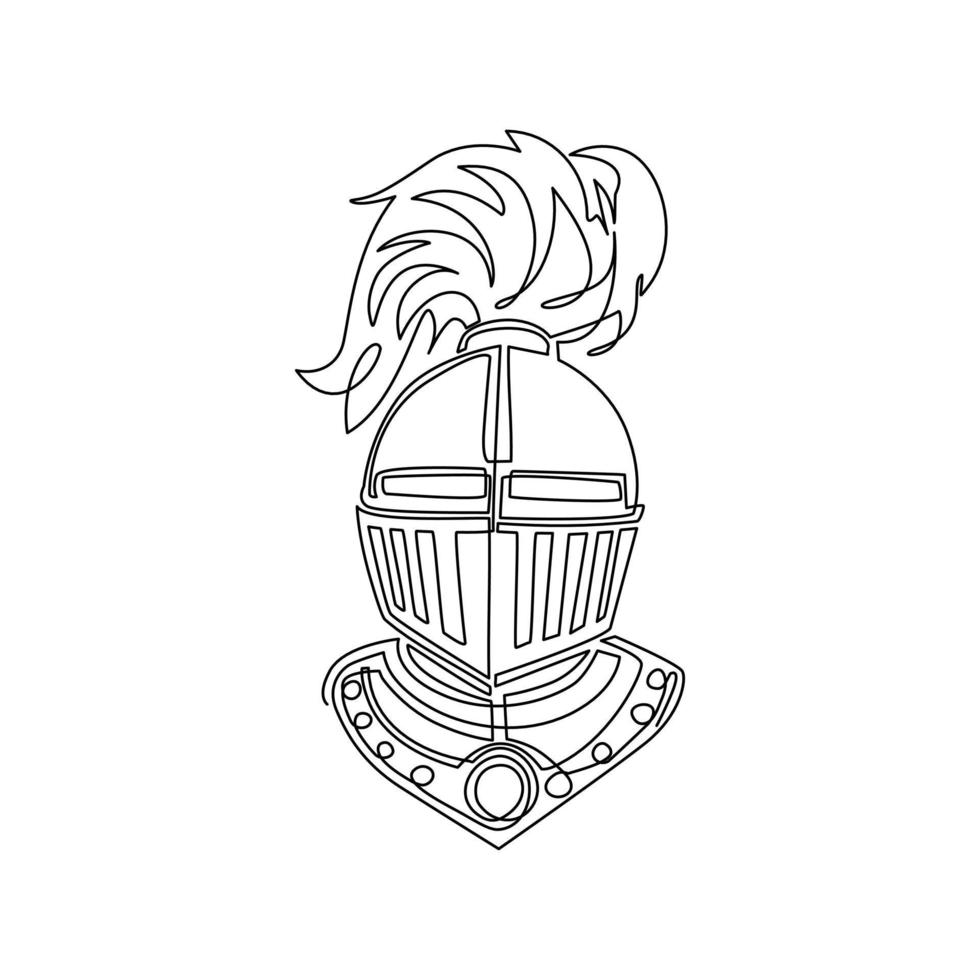 Single one line drawing knight in helmet armor, spartan warrior head. Medieval warrior knight in armour helmet with visor and plumage, heraldry symbols. Continuous line draw design vector illustration