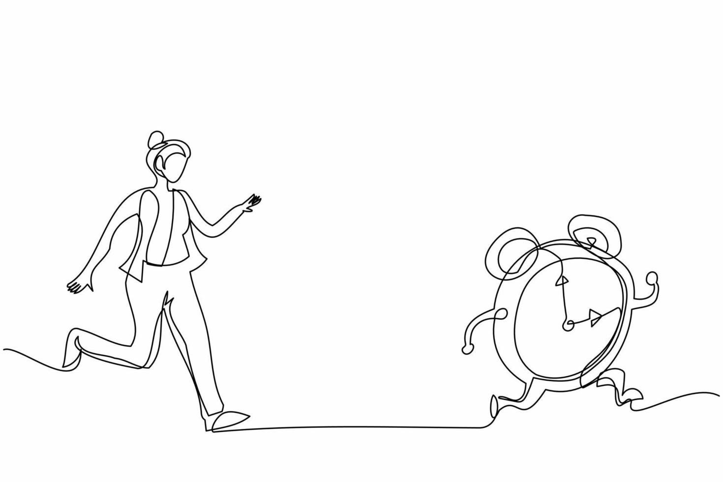 Single continuous line drawing stressed businesswoman chasing alarm