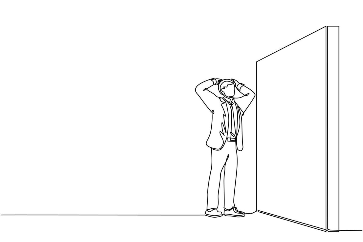 Single continuous line drawing businessman standing and confused in front of huge brick wall barriers. Scene for wrong business decision, mistake, deadlock. One line draw design vector illustration